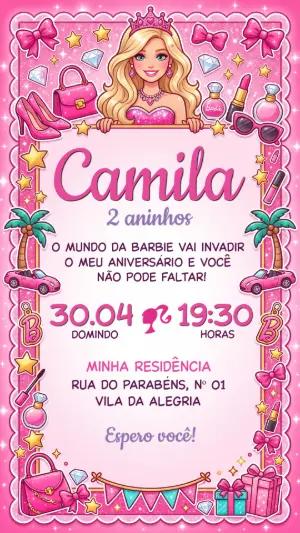 Convite de Aniversário Barbie Rosa Brilhante Editável
