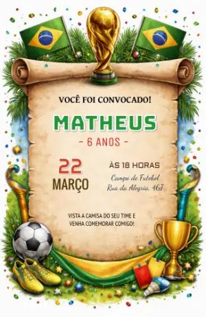 Convite de Aniversário Futebol Brasil Editável Estilo Copa