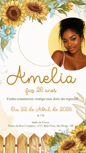 Convite de Aniversário Girassol com Foto Modelo Editável