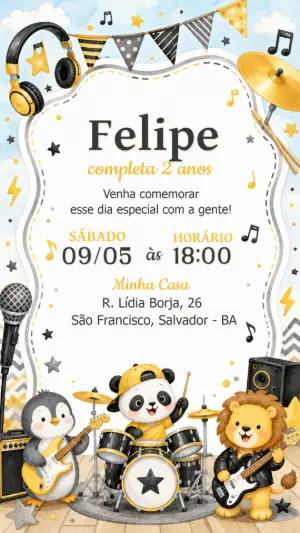 Convite Aniversário Baterista Banda de Animais Modelo Editável