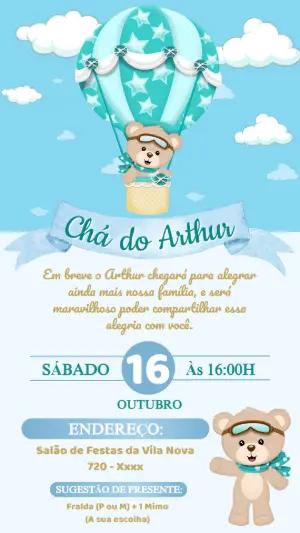 Convite Digital Chá de Bebê Ursinho Aviador Editável