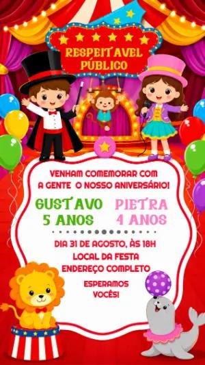 Convite Duplo Aniversário Circo Colorido para Editar