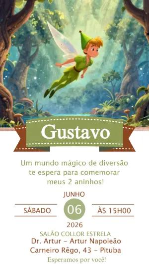 Convite de Aniversário Peter Pan na Floresta Mágica Editável