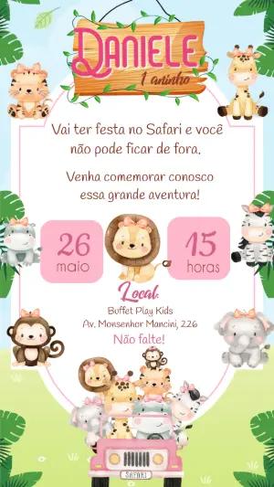 Convite de Aniversário Safari Menina Rosa Editável