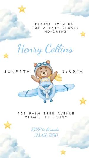 Teddy Bear Airplane Baby Shower Invitation | Editable Digital Template
