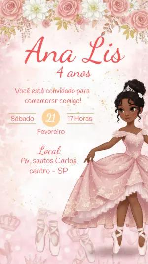 Convite de Aniversário Bailarina Princesa Rosa para Editar