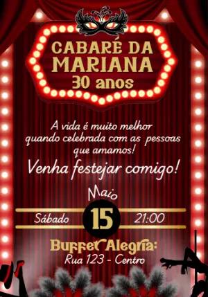 Convite de Aniversário Cabaré Vermelho e Dourado Editável