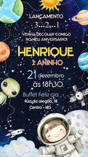 Convite de Aniversário Astronauta Infantil Aquarela para Editar