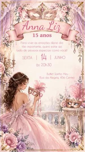 Convite 15 Anos Princesa Baile de Máscaras Editável