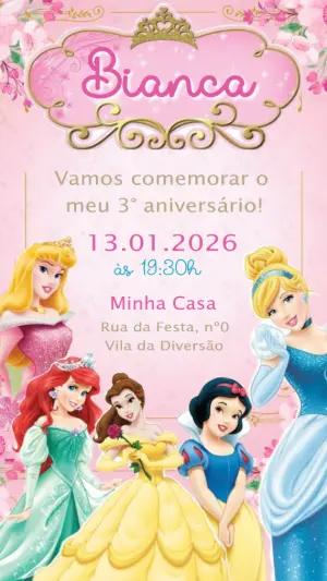 Convite Aniversário Princesas Rosa e Dourado para Editar