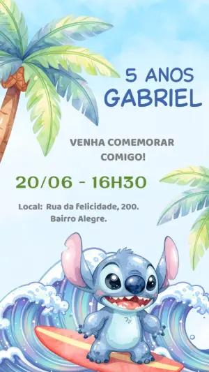 Convite de Aniversário Stitch Surf Aquarela para Editar