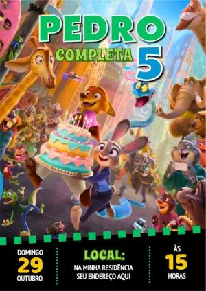 Convite de Aniversário Zootopia Colorido para Editar
