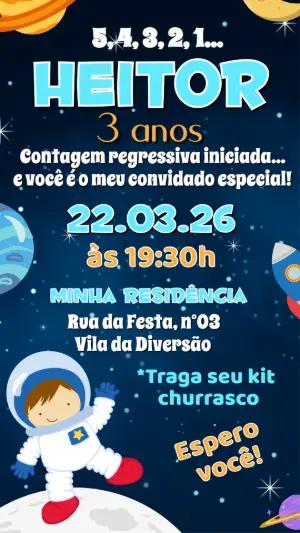 Convite de Aniversário Astronauta no Espaço Modelo Editável