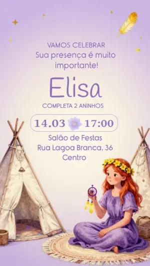 Convite de Aniversário Infantil Boho Lilás Editável