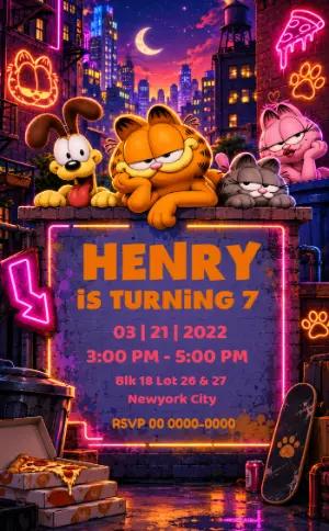 Garfield Neon City Birthday Invitation | Editable Template