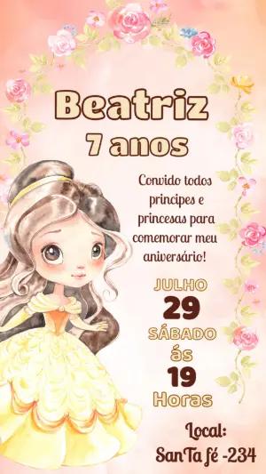 Convite de Aniversário Princesa Bela Aquarela Floral Editável