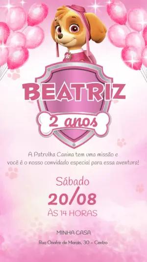 Convite de Aniversário Patrulha Canina Skye Rosa para Editar