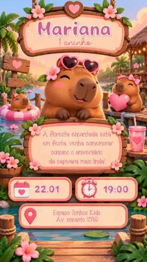 Convite de Aniversário Capivara Floresta Encantada Editável