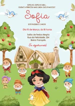 Convite de Aniversário Branca de Neve Aquarela Editável