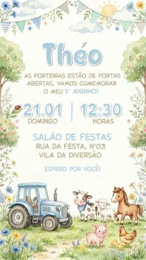 Convite Fazendinha Menino Aquarela Editável para Aniversário