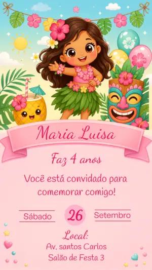 Convite Digital Festa Luau Havaiano para Menina Editável
