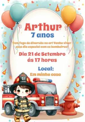 Convite de Aniversário Bombeiro Infantil para Editar Online