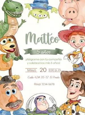 Invitación de Cumpleaños Toy Story Acuarela para Editar