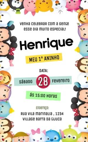 Convite de Aniversário Tsum Tsum Fofo para Editar Online