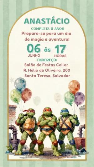 Convite de Aniversário Tartarugas Ninja Aquarela Editável