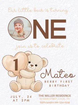 Cute Teddy Bear 1st Birthday Invitation with Photo - Editable