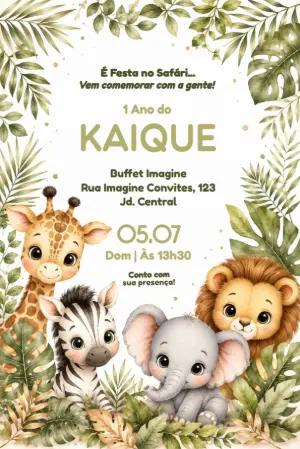 Convite de Aniversário Safari Baby Aquarela para Editar