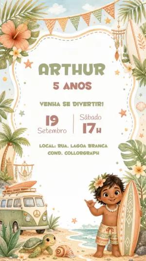 Convite Aniversário Surfista Moana Baby em Aquarela para Editar