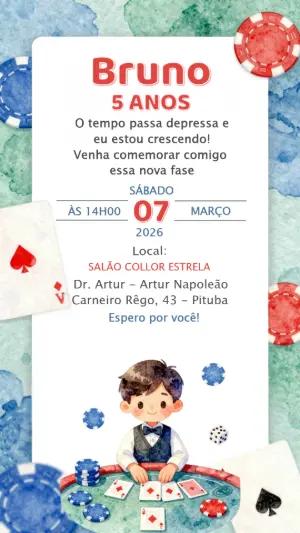 Convite de Aniversário Cassino Infantil Aquarela para Editar