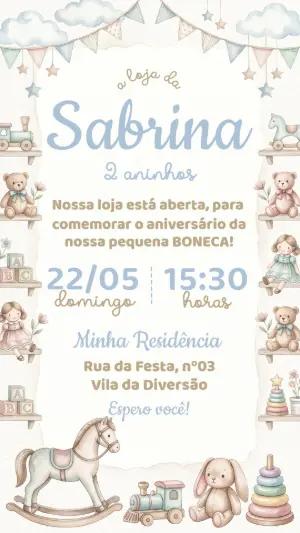 Convite de Aniversário Loja de Brinquedos Aquarela Editável