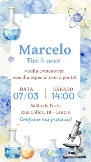 Convite Aniversário Infantil Tema Ciência Aquarela para Editar