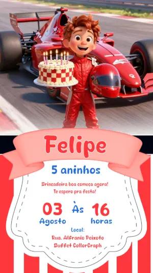 Convite de Aniversário Corrida de Carros Fómula 1 Editável