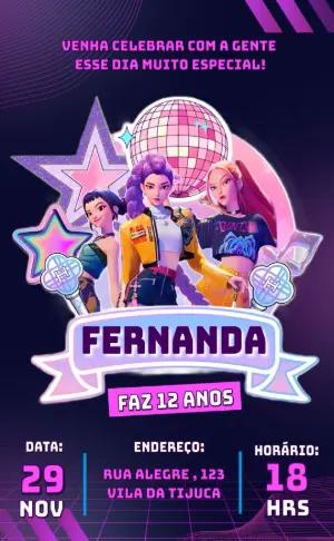 Convite de Aniversário Guerreiras do K-pop Estilo Neon para Editar Online
