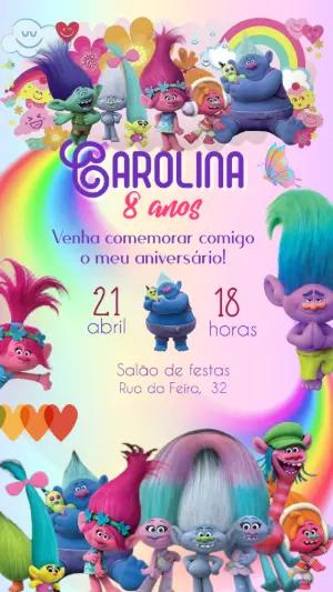 Convite de Aniversário Trolls com Personagens para Editar Online