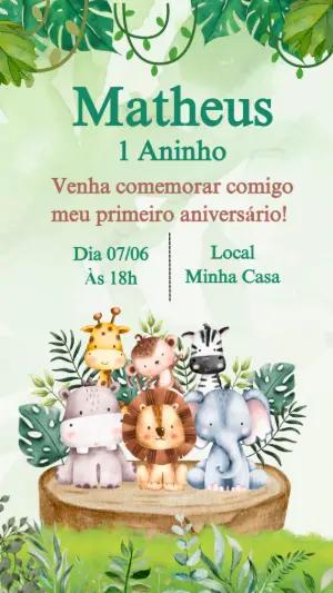 Convite Aniversário Safari com Animais Fofos para Editar Online