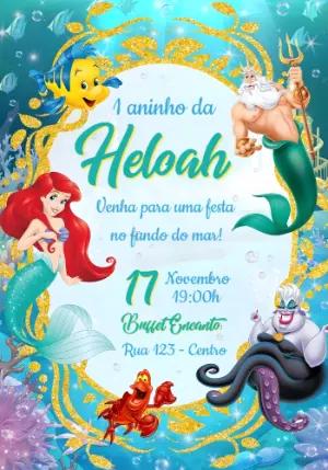 Convite de Aniversário A Pequena Sereia Fundo do Mar Editável