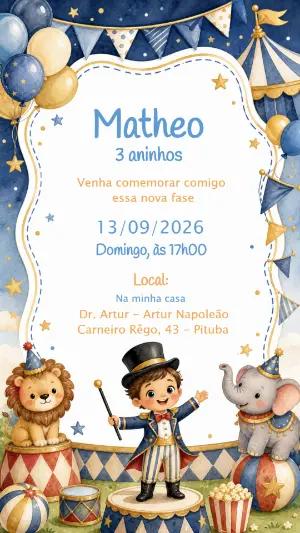 Convite de Aniversário Circo Menino Modelo Editável