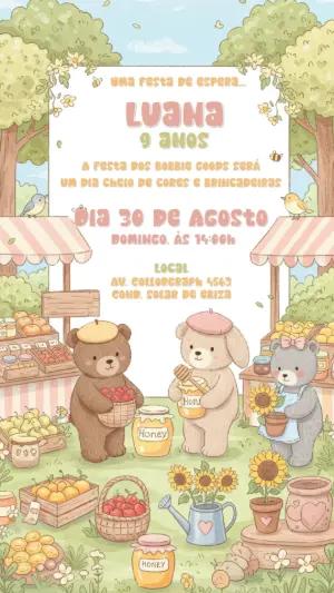 Convite Aniversário Ursinhos na Feira para Editar Online