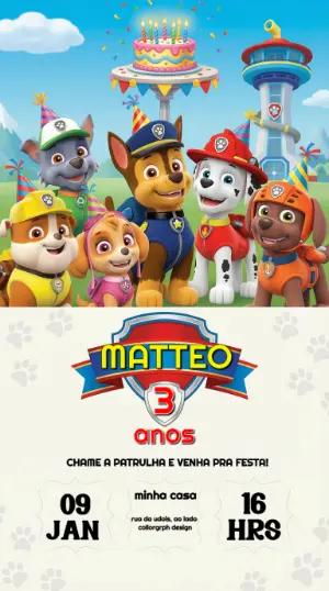 Convite Animado Patrulha Canina para Aniversário Editável