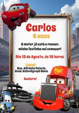Convite Aniversário Carros com Relâmpago McQueen para Editar