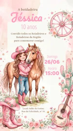 Convite de Aniversário Boiadeira Rosa para Editar
