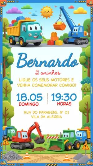 Convite de Aniversário Infantil Tratores e Carrinhos Editável