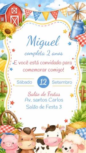 Convite de Aniversário Fazendinha Aquarela para Editar Online