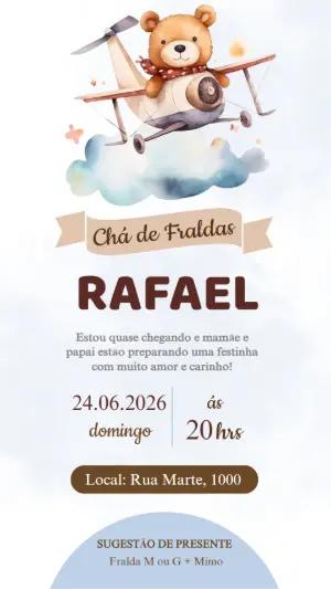 Convite Chá de Bebê Ursinho Aviador Aquarela Editável
