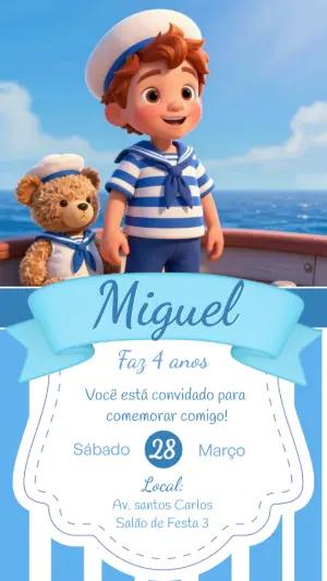 Convite de Aniversário Marinheiro 3D Azul para Editar
