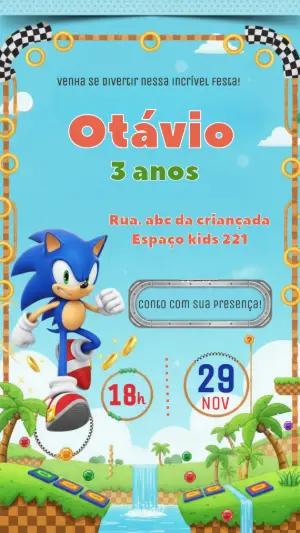 Convite de Aniversário Sonic Editável para Festa Infantil